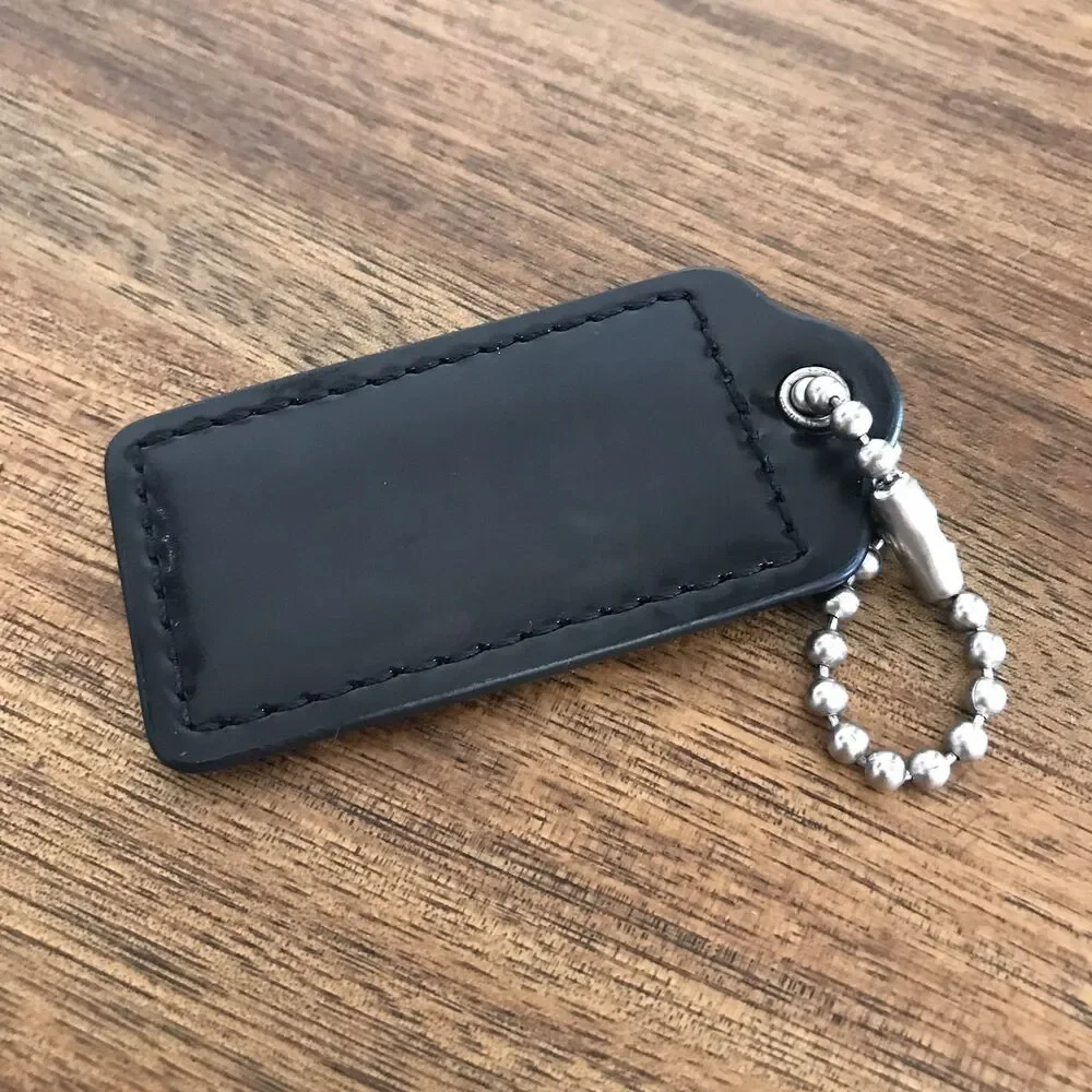 Vintage Coach Black Patent Leather Hang Tag Key Fob Bag Charm 2.5” Silver